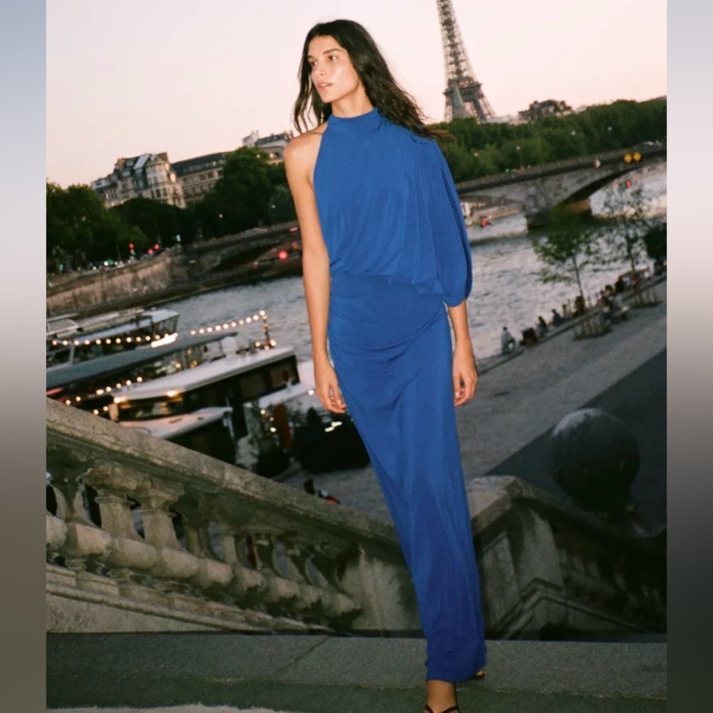 Zara Elegant Blue One Shoulder Dress - Draped Cape